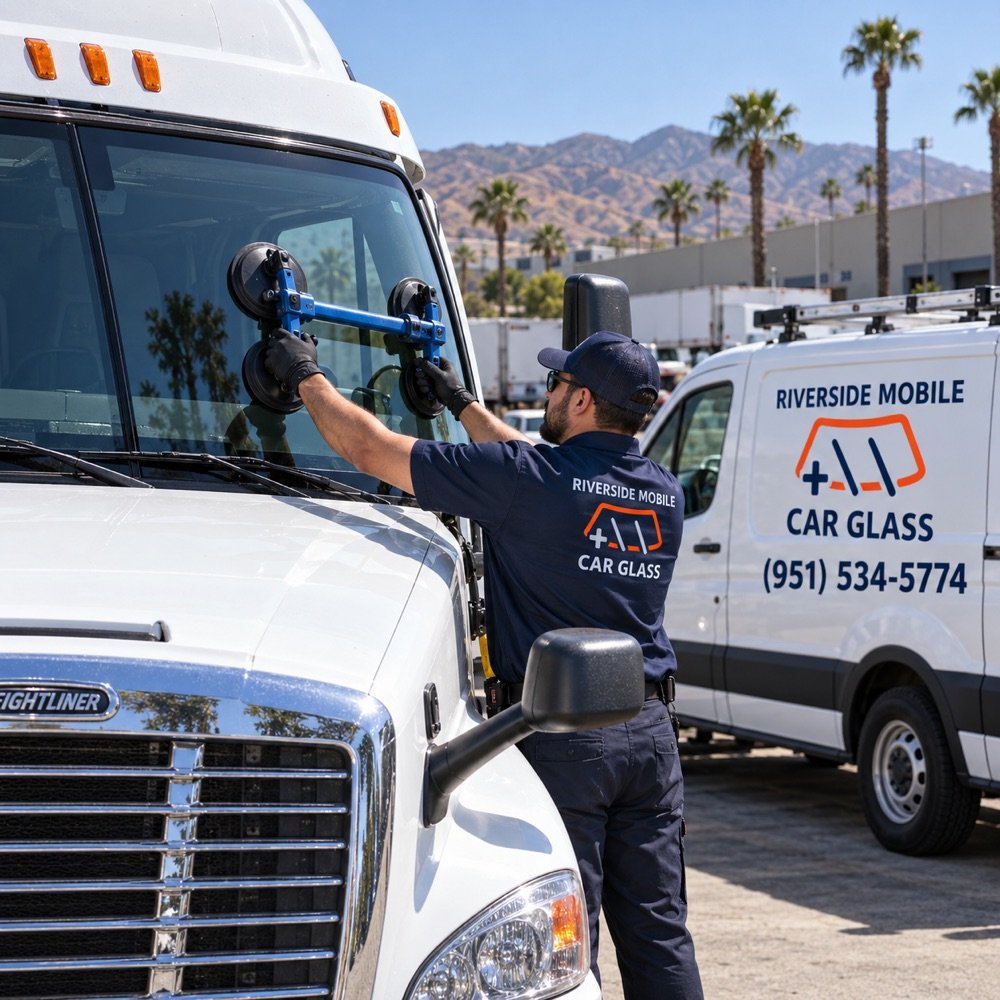 Semi truck windshield replacement by Riverside Mobile Car Glass